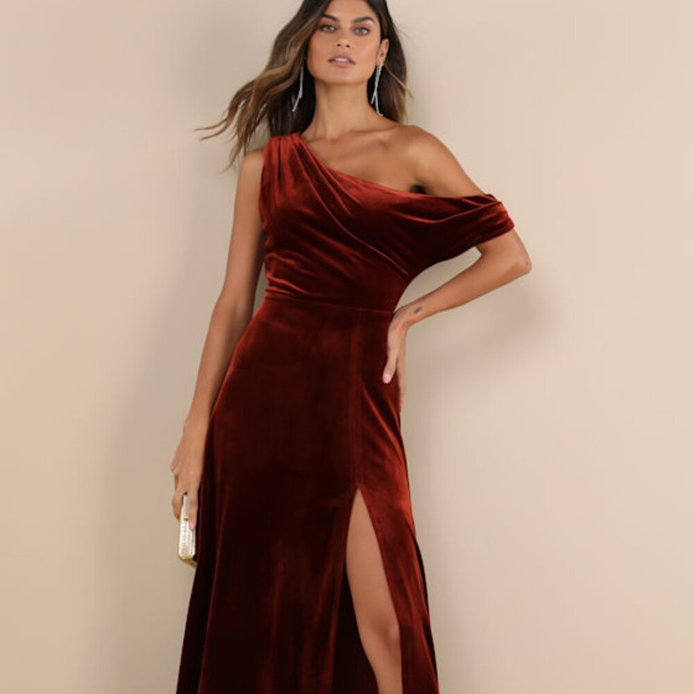 Lulus Coveted Confidence Rust Orange Velvet Asymmetrical Maxi Dress - Size M